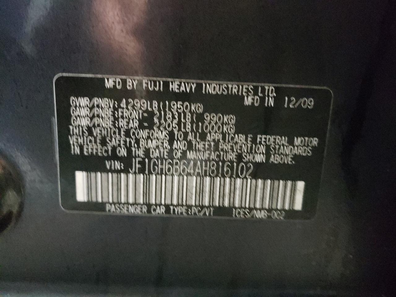 صورة رقم 10 من المزاد - 2010 SUBARU IMPREZA 2. مع VIN JF1GH6B64AH816102