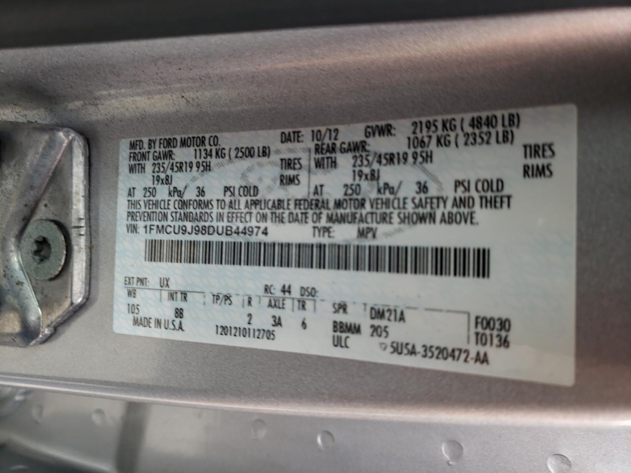 Photo 10 from auction – 2013 FORD ESCAPE TIT with VIN 1FMCU9J98DUB44974