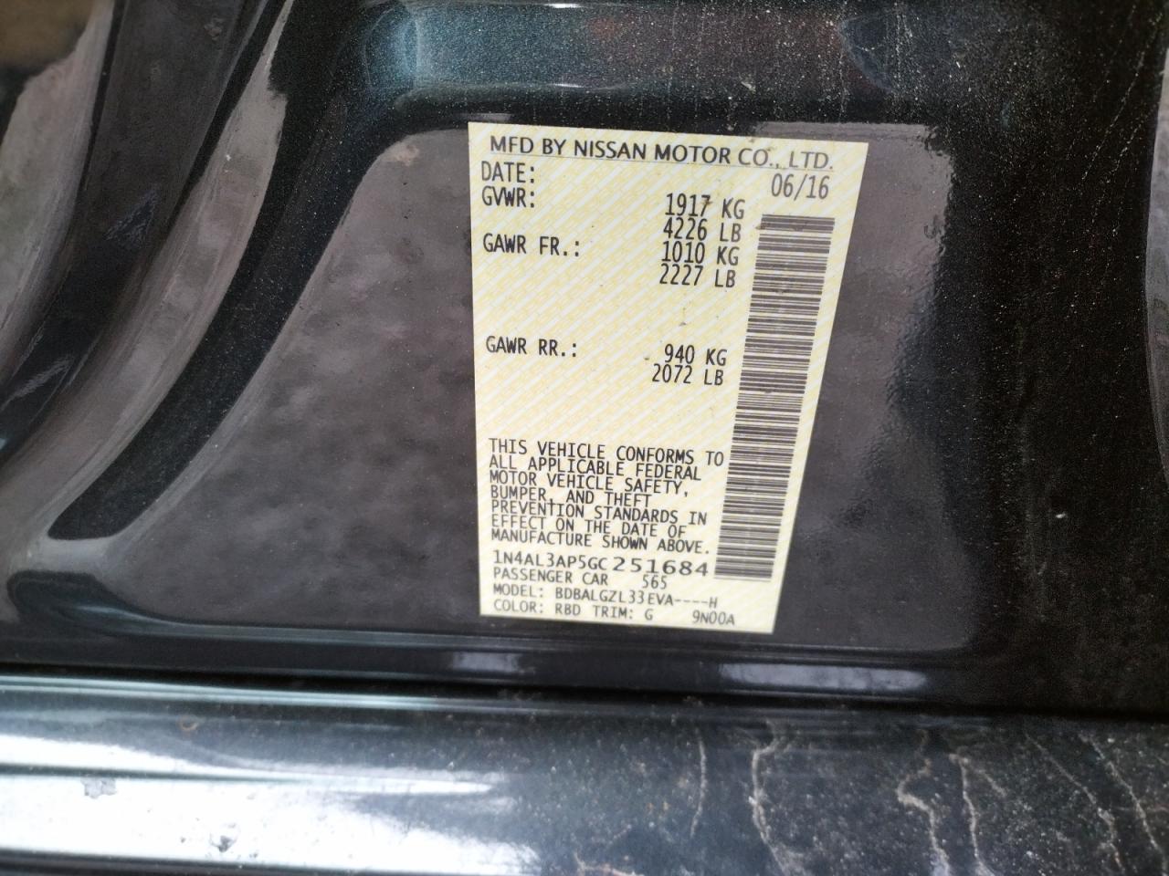 Photo 10 from auction – 2016 NISSAN ALTIMA 2.5 with VIN 1N4AL3AP5GC251684