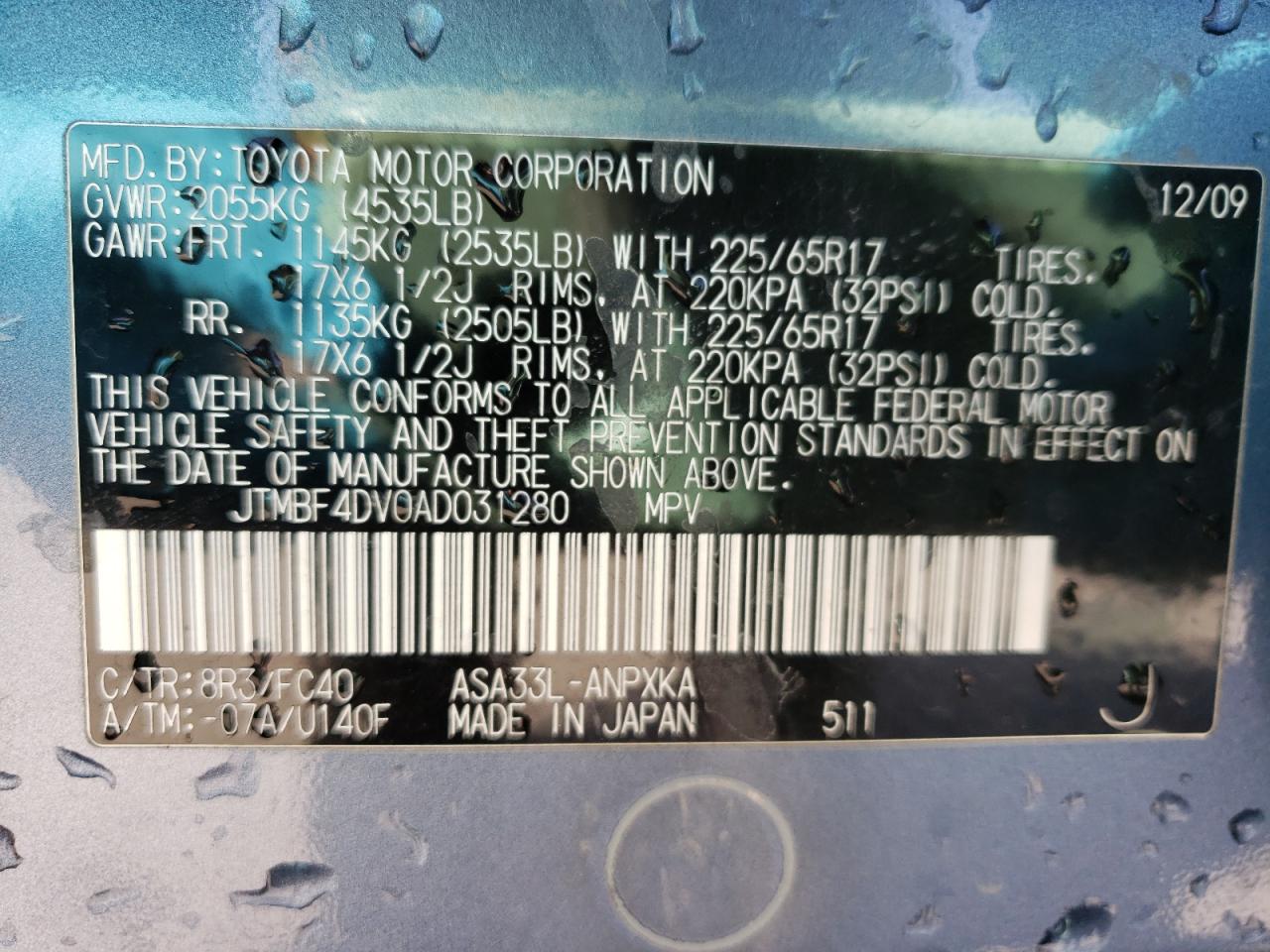 Photo 10 from auction – 2010 TOYOTA RAV4 with VIN JTMBF4DV0AD031280