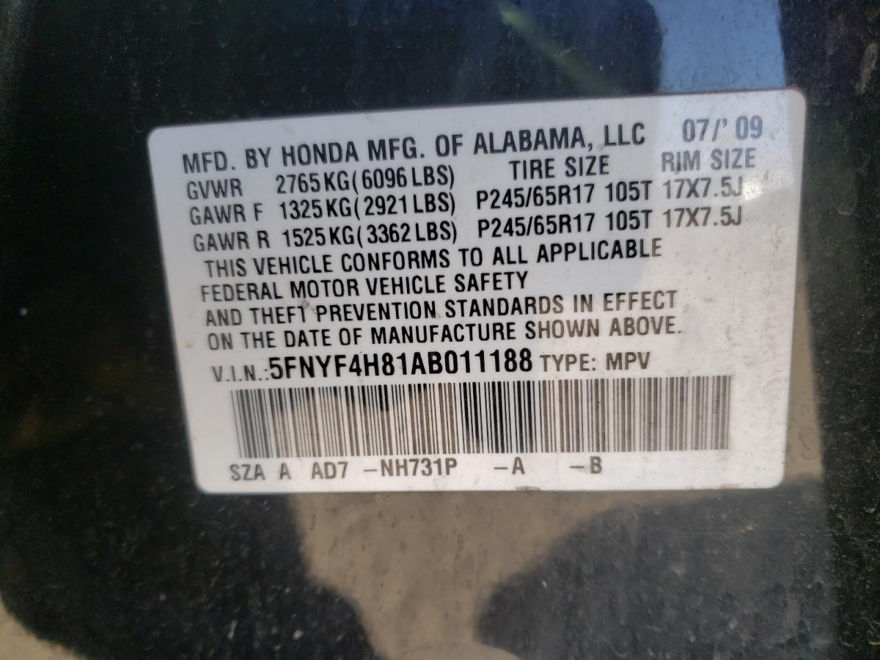 Photo 10 from auction – 2010 HONDA PILOT TOUR with VIN 5FNYF4H81AB011188