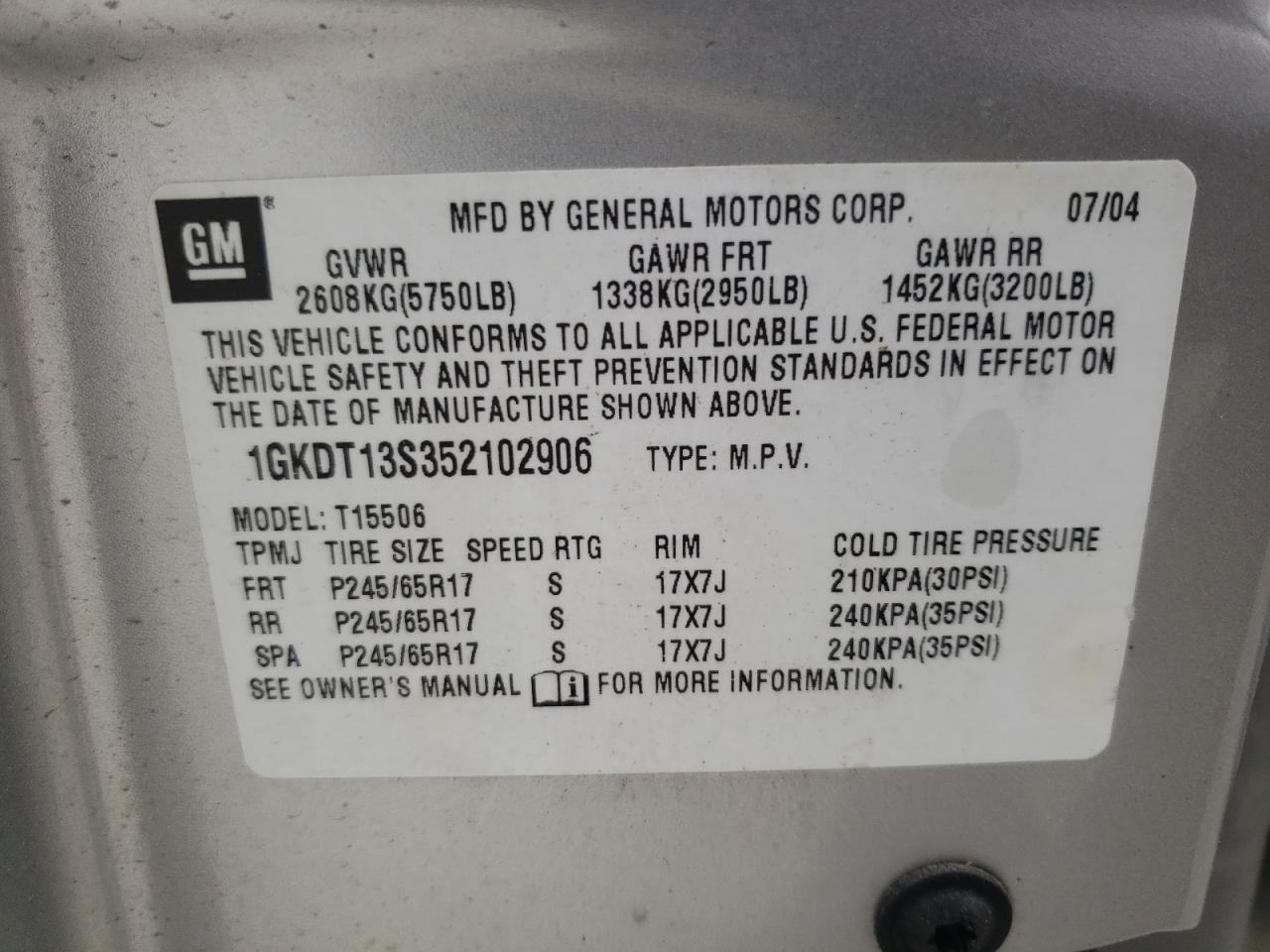 Photo 10 from auction – 2005 GMC ENVOY with VIN 1GKDT13S352102906