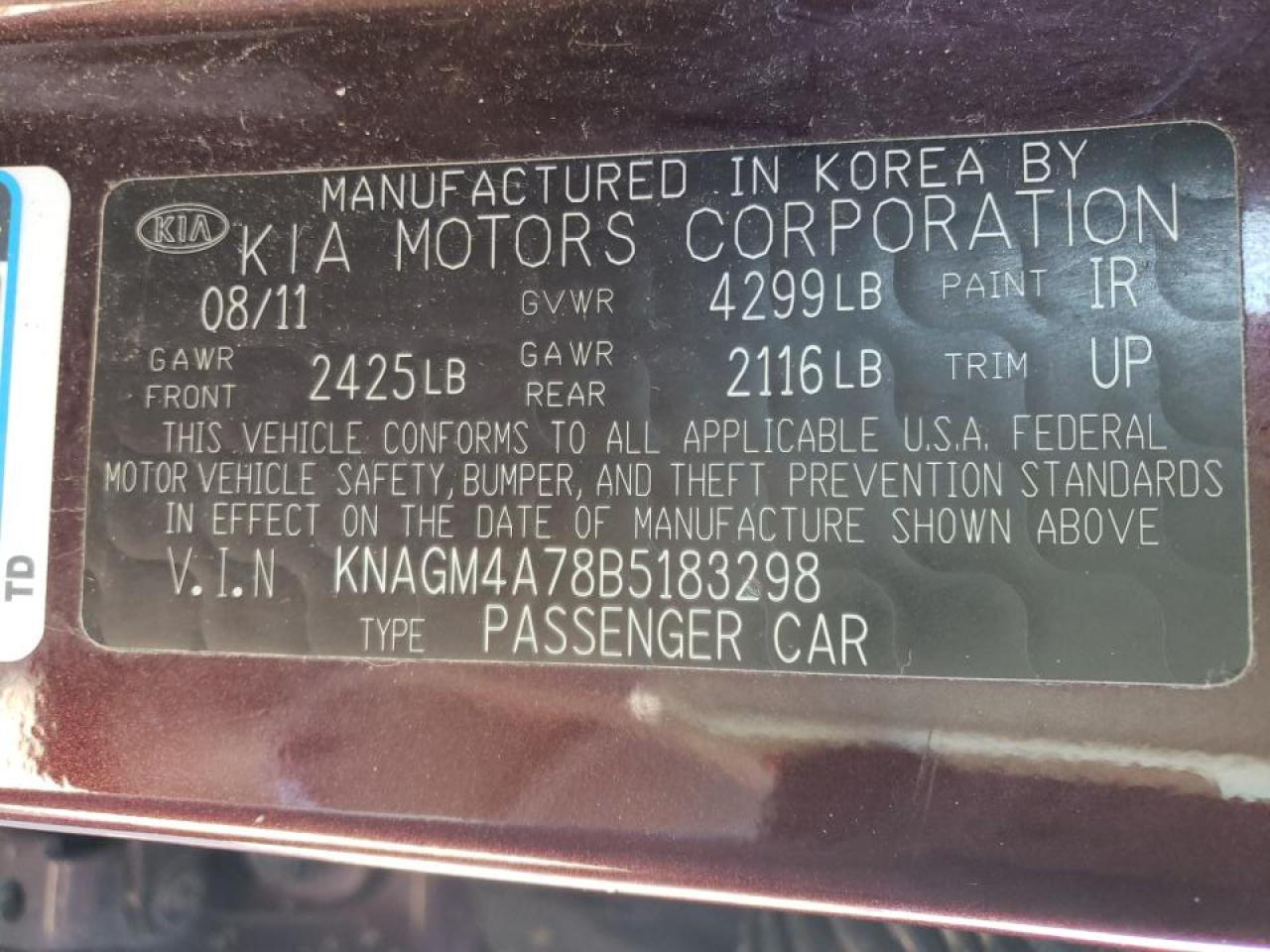 Photo 10 from auction – 2011 KIA OPTIMA LX with VIN KNAGM4A78B5183298