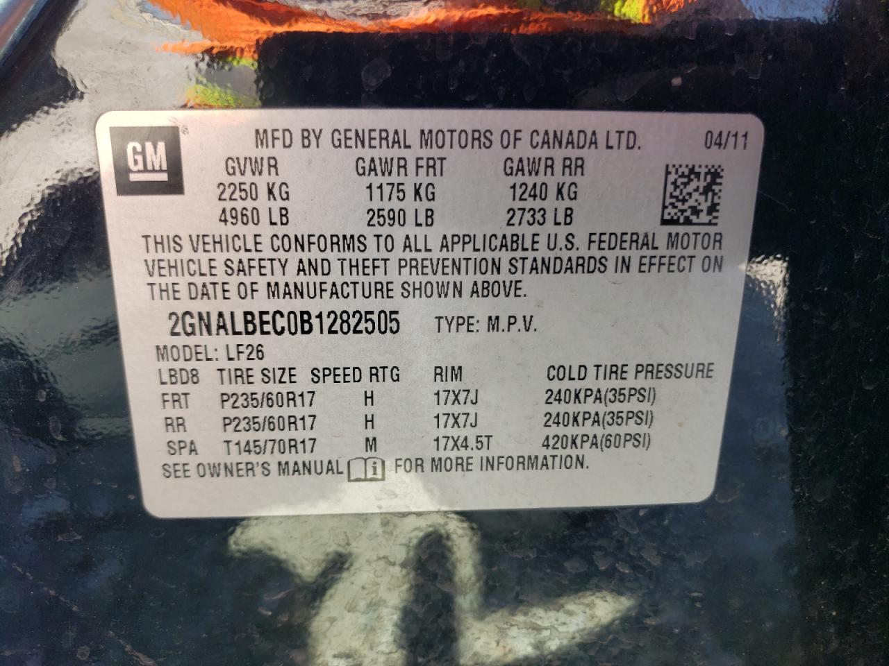 Photo 10 from auction – 2011 CHEVROLET EQUINOX LS with VIN 2GNALBEC0B1282505