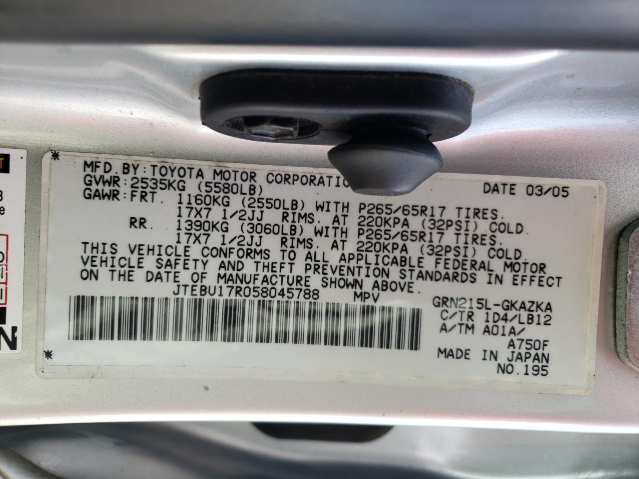 Photo 10 from auction – 2005 TOYOTA 4RUNNER LI with VIN JTEBU17R058045788