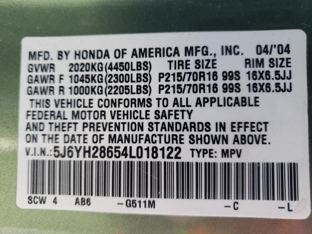 Photo 10 from auction – 2004 HONDA ELEMENT EX with VIN 5J6YH28654L018122
