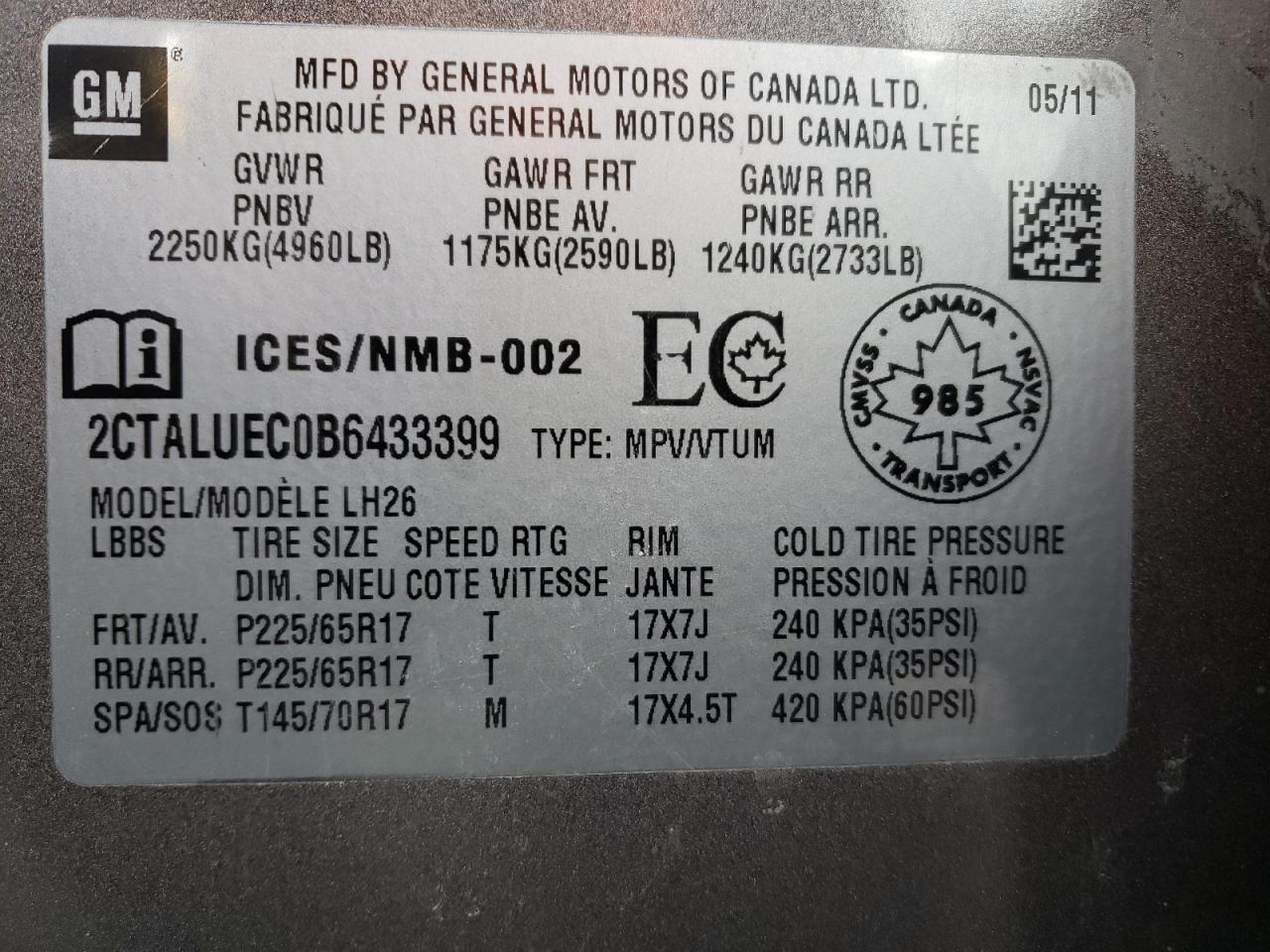 Photo 10 from auction – 2011 GMC TERRAIN SL with VIN 2CTALUEC0B6433399