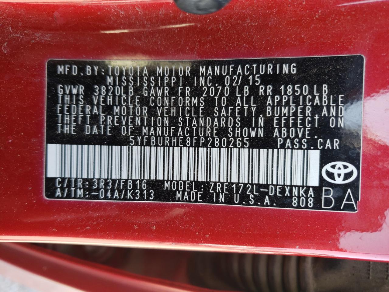 Photo 10 from auction – 2015 TOYOTA COROLLA L with VIN 5YFBURHE8FP280265