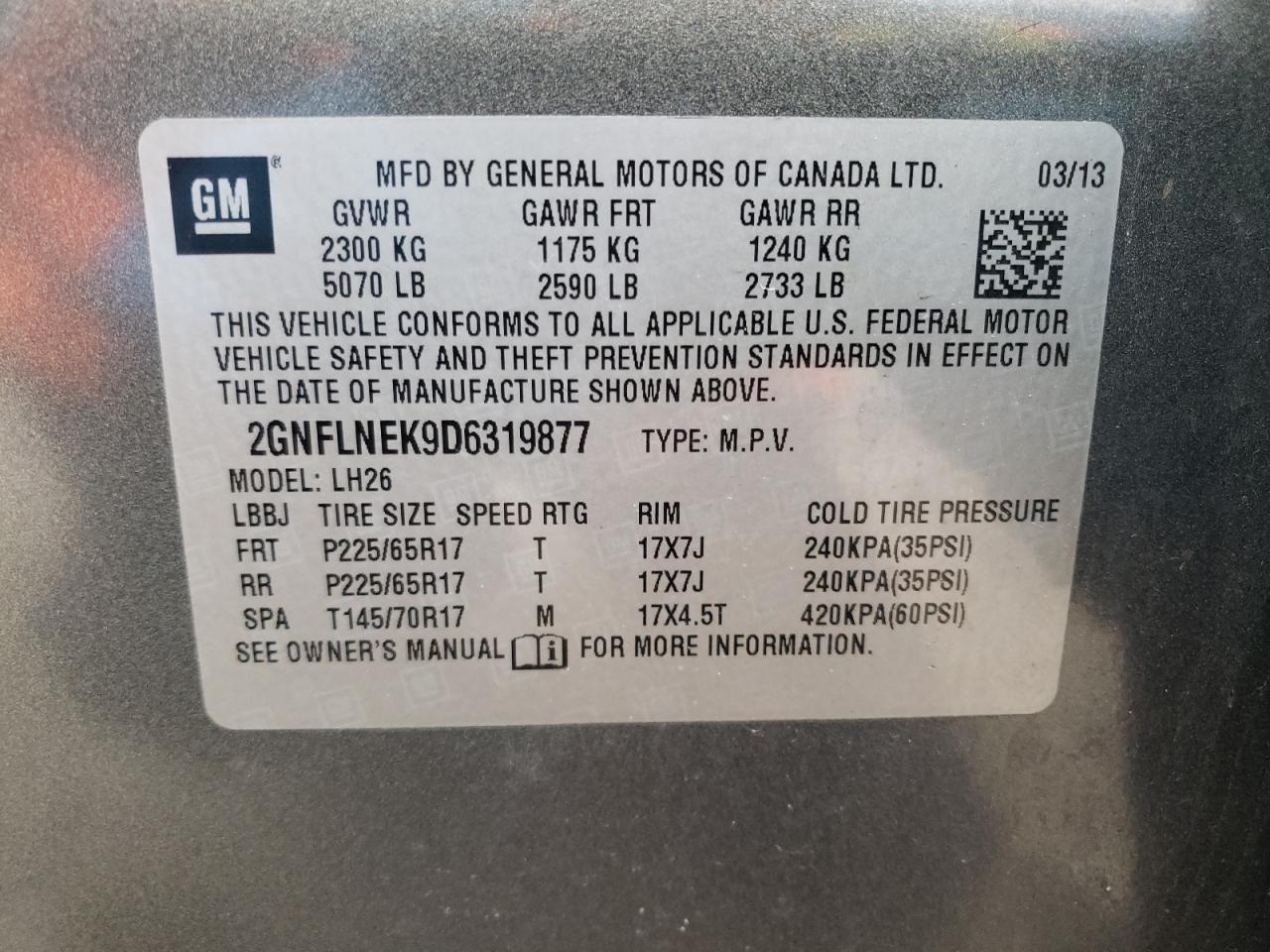 Photo 10 from auction – 2013 CHEVROLET EQUINOX LT with VIN 2GNFLNEK9D6319877