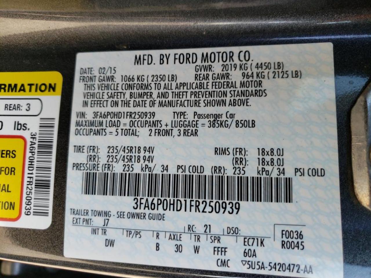 Photo 10 from auction – 2015 FORD FUSION SE with VIN 3FA6P0HD1FR250939
