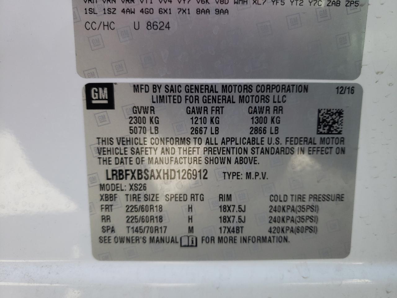 Photo 10 from auction – 2017 BUICK ENVISION E with VIN LRBFXBSAXHD126912