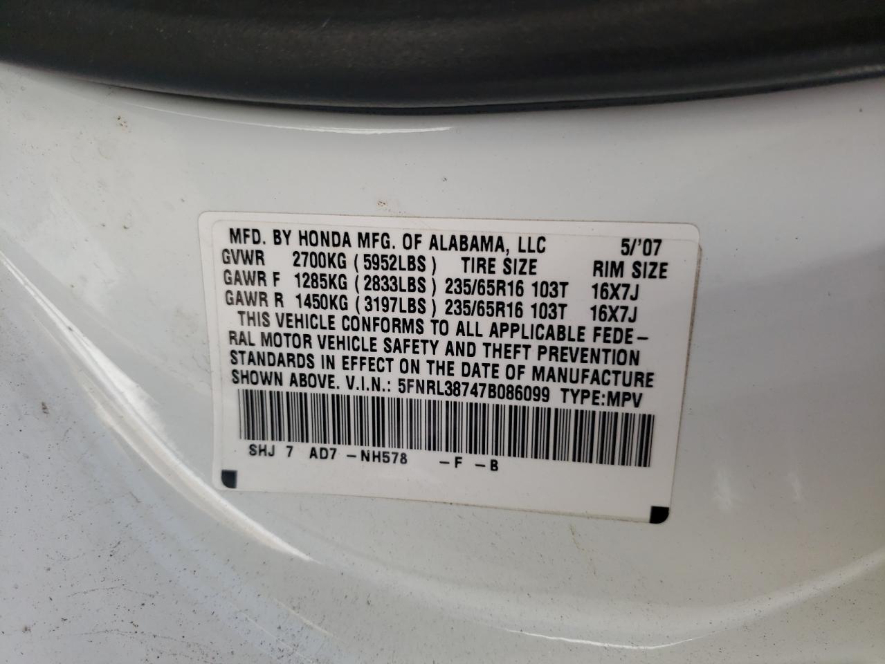 Photo 10 from auction – 2007 HONDA ODYSSEY EX with VIN 5FNRL38747B086099