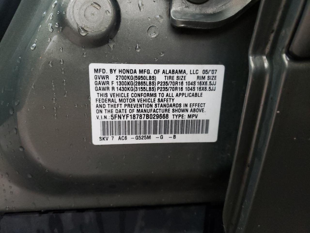 Photo 10 from auction – 2007 HONDA PILOT EXL with VIN 5FNYF18787B029668