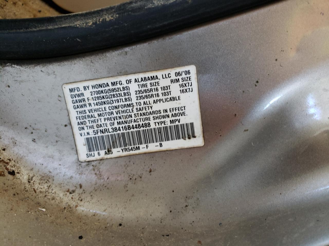 Photo 10 from auction – 2006 HONDA ODYSSEY EX with VIN 5FNRL38416B448488