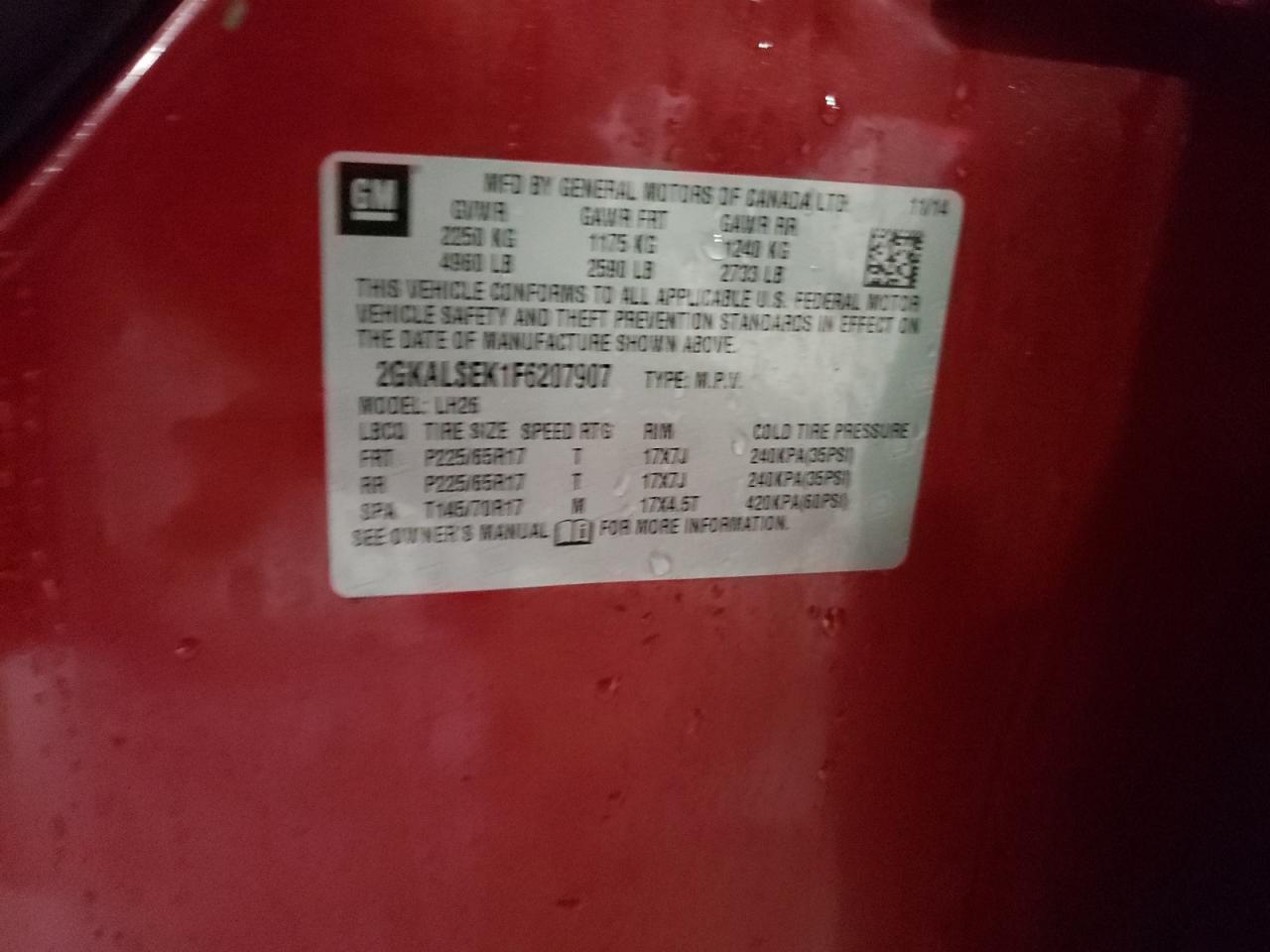 Photo 10 from auction – 2015 GMC TERRAIN SL with VIN 2GKALSEK1F6207907