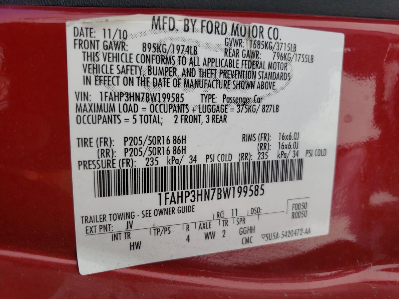 Photo 10 from auction – 2011 FORD FOCUS SEL with VIN 1FAHP3HN7BW199585