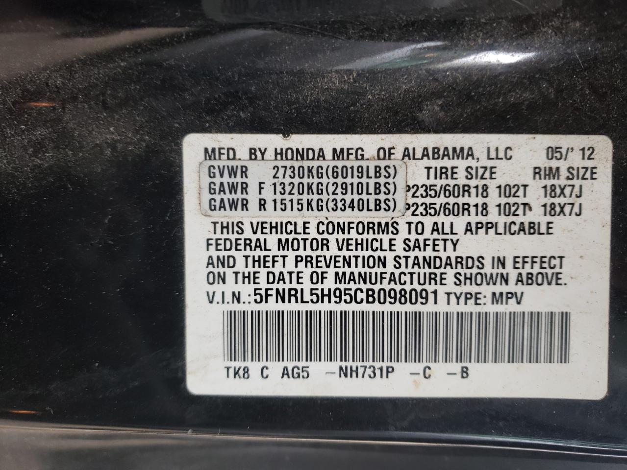 Photo 10 from auction – 2012 HONDA ODYSSEY TO with VIN 5FNRL5H95CB098091