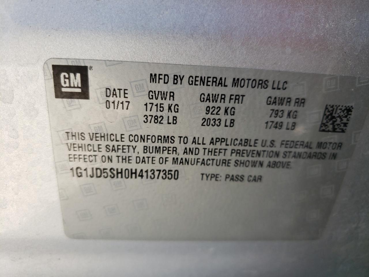 Photo 10 from auction – 2017 CHEVROLET SONIC LT with VIN 1G1JD5SH0H4137350