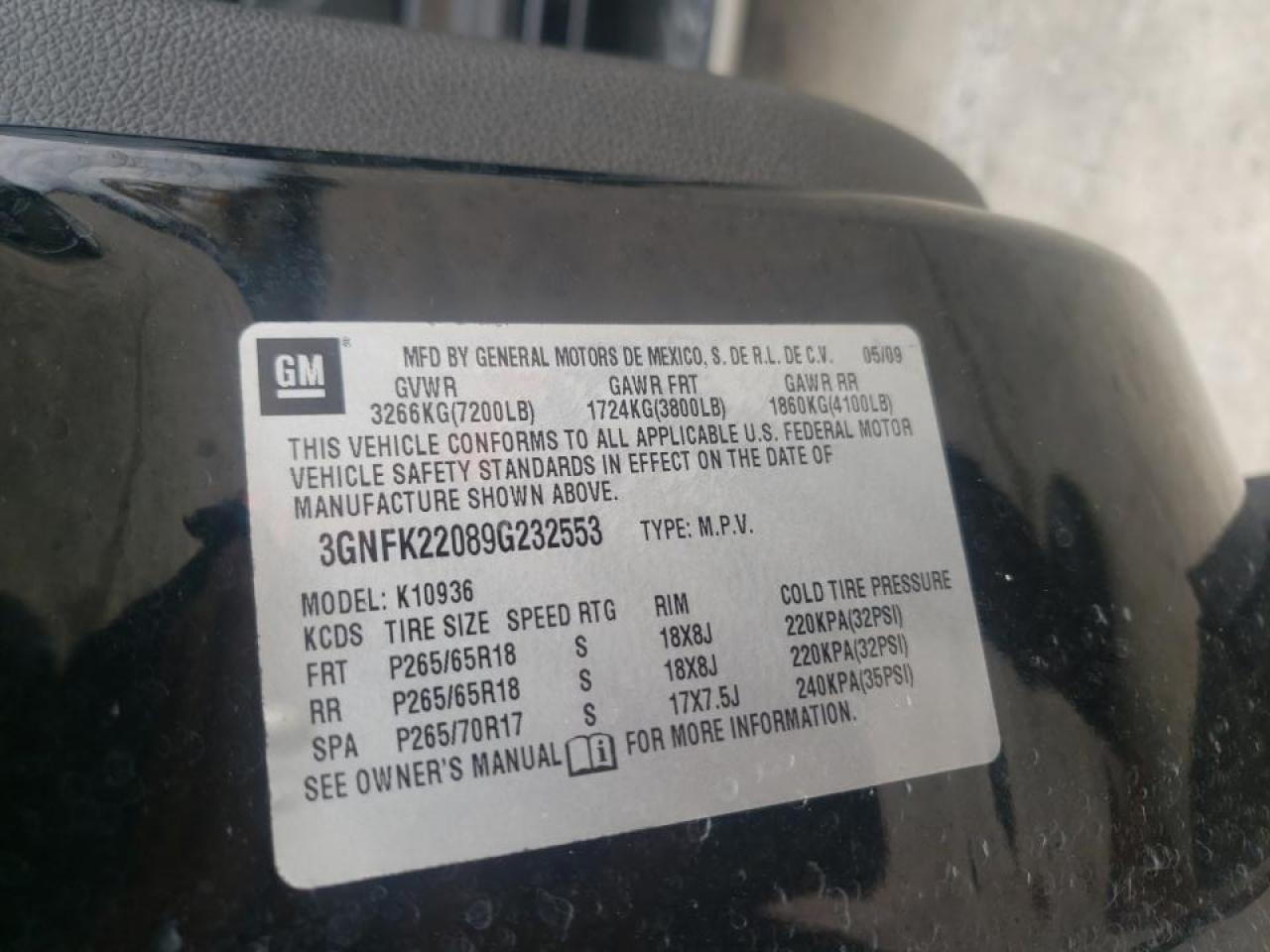Photo 10 from auction – 2009 CHEVROLET AVALANCHE with VIN 3GNFK22089G232553