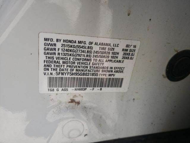 Photo 10 from auction – 2016 HONDA PILOT TOUR with VIN 5FNYF5H95GB031855