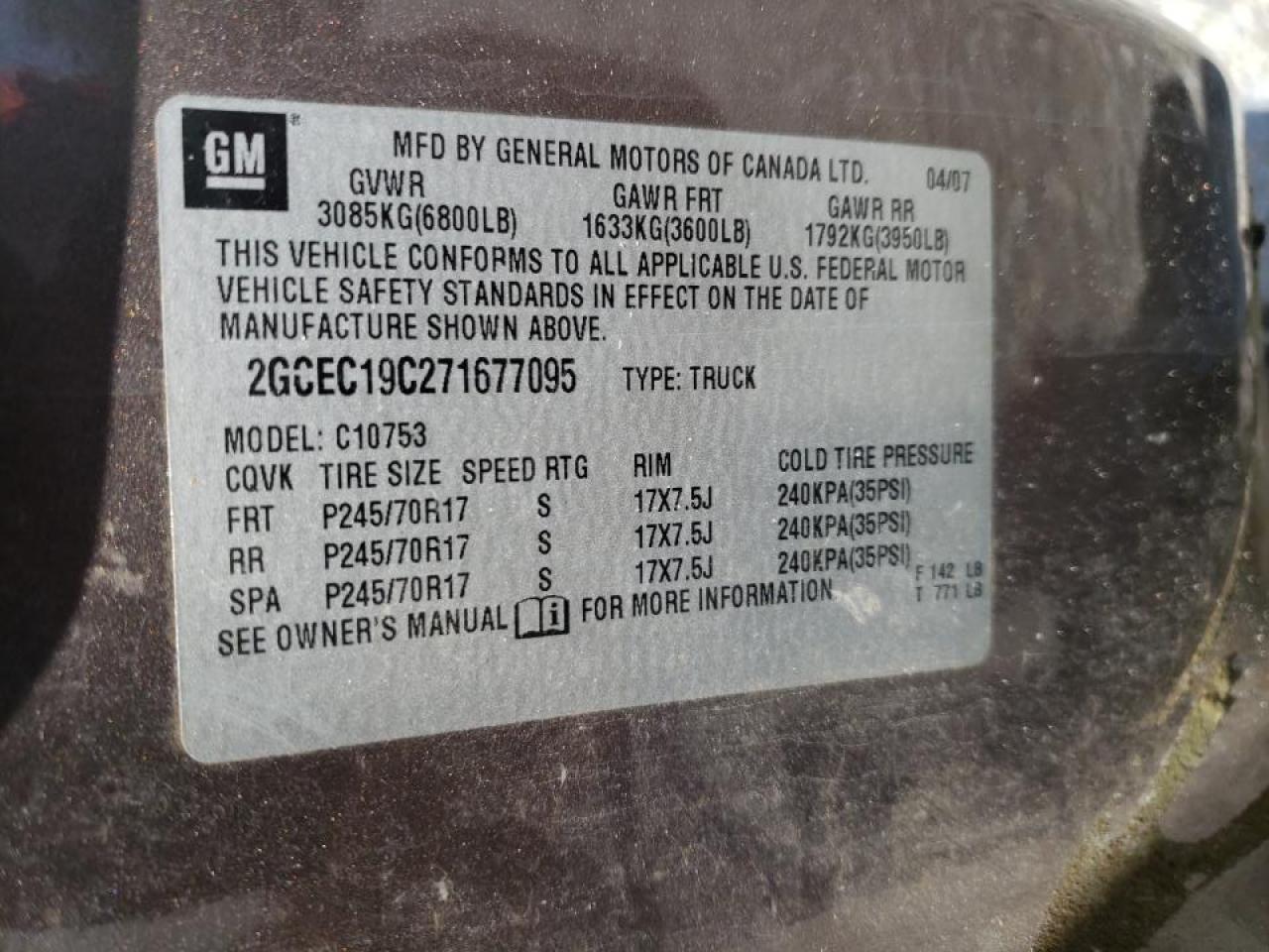 Photo 10 from auction – 2007 CHEVROLET SILVERADO with VIN 2GCEC19C271677095