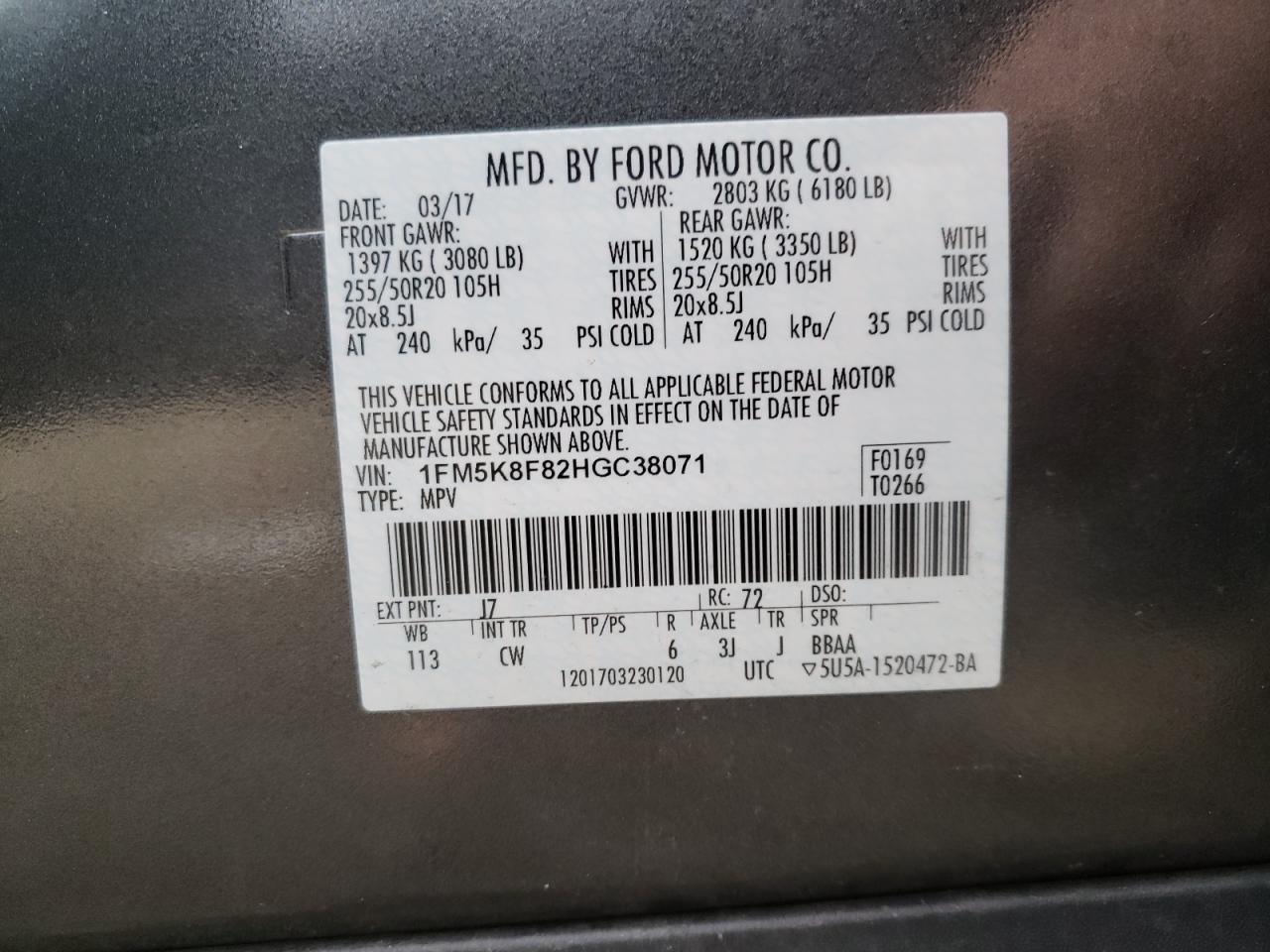 Photo 10 from auction – 2017 FORD EXPLORER L with VIN 1FM5K8F82HGC38071
