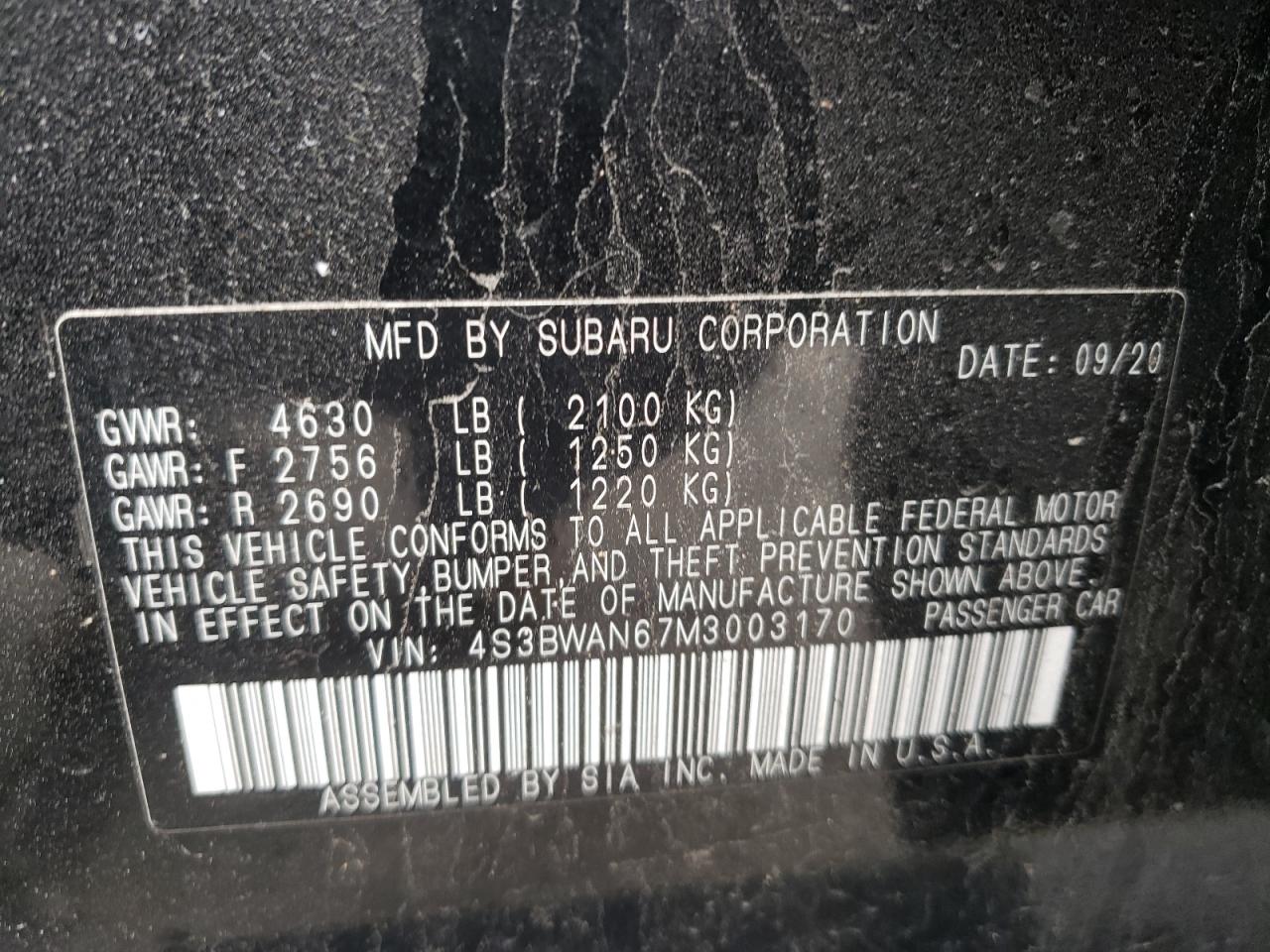 Photo 10 from auction – 2021 SUBARU LEGACY LIM with VIN 4S3BWAN67M3003170