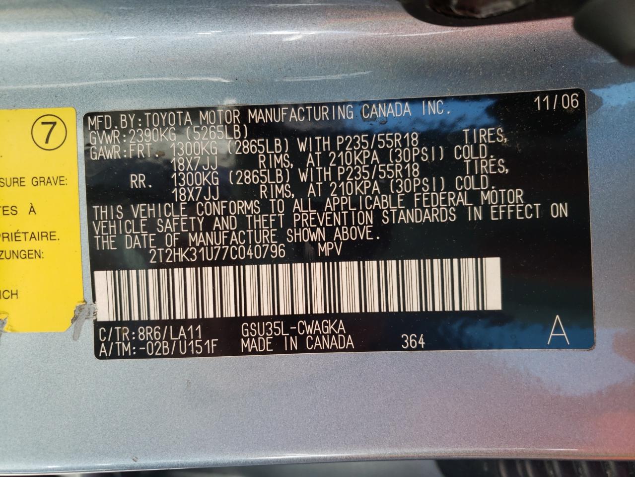 Photo 10 from auction – 2007 LEXUS RX 350 with VIN 2T2HK31U77C040796