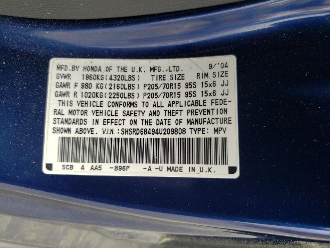 Photo 10 from auction – 2004 HONDA CR-V LX with VIN SHSRD68494U209808