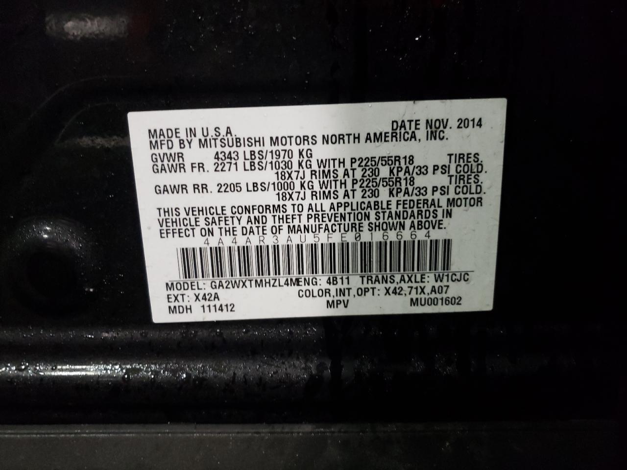 Photo 10 from auction – 2015 MITSUBISHI OUTLANDER with VIN 4A4AR3AU5FE016664
