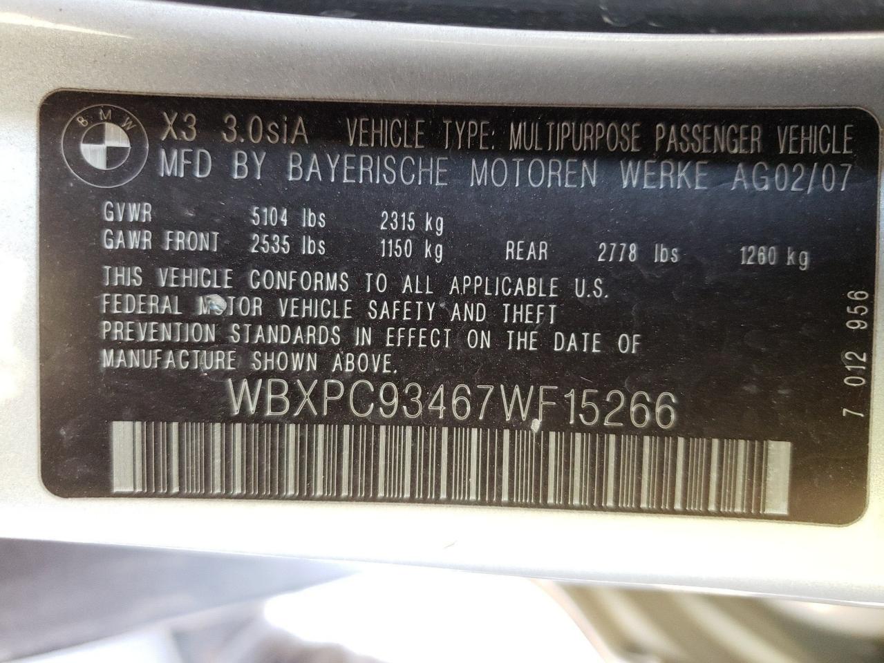 Photo 10 from auction – 2007 BMW X3 3.0SI with VIN WBXPC93467WF15266
