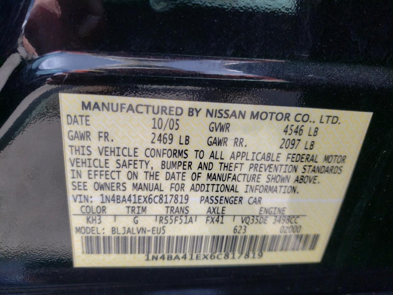 Photo 10 from auction – 2006 NISSAN MAXIMA SE with VIN 1N4BA41EX6C817819