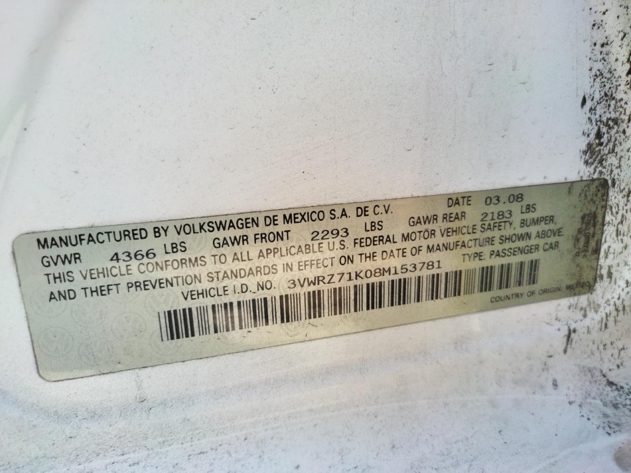 Photo 10 from auction – 2008 VOLKSWAGEN JETTA with VIN 3VWRZ71K08M153781