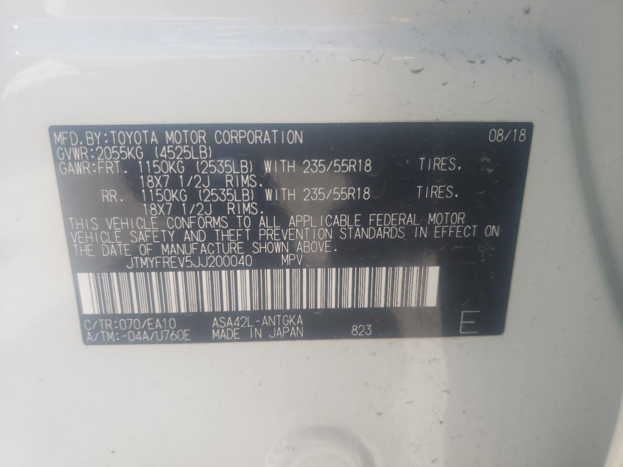 Photo 10 from auction – 2018 TOYOTA RAV4 LIMIT with VIN JTMYFREV5JJ200040