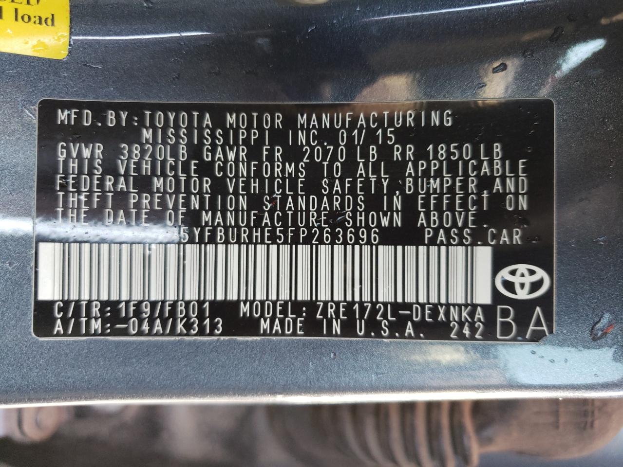 Photo 10 from auction – 2015 TOYOTA COROLLA L with VIN 5YFBURHE5FP263696