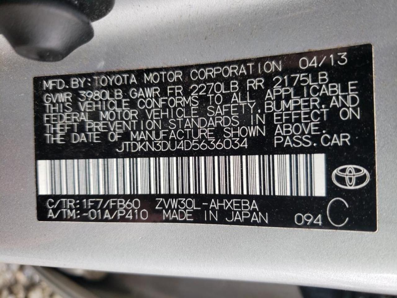 Photo 10 from auction – 2013 TOYOTA PRIUS with VIN JTDKN3DU4D5636034