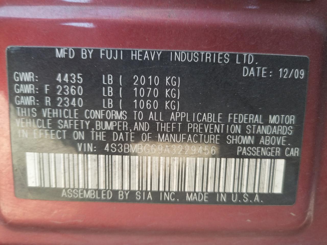 Photo 10 from auction – 2010 SUBARU LEGACY 2.5 with VIN 4S3BMBG69A3229456