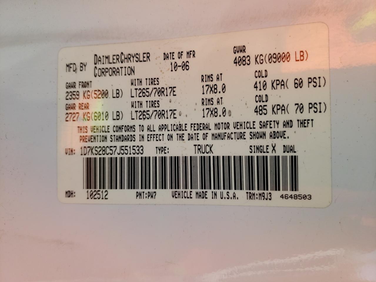 Photo 10 from auction – 2007 DODGE RAM 2500 S with VIN 1D7KS28C57J551533