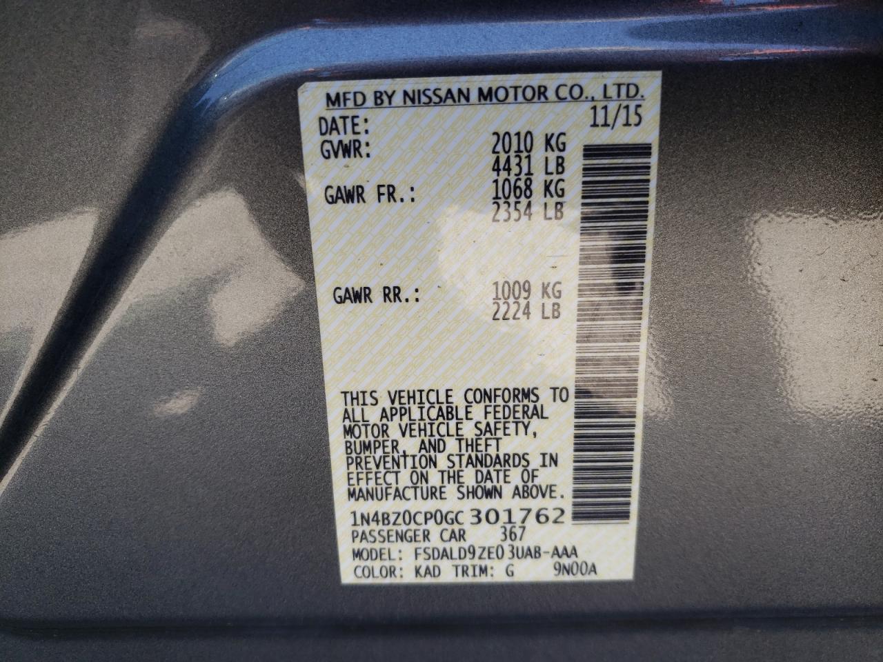 Photo 10 from auction – 2016 NISSAN LEAF SV with VIN 1N4BZ0CP0GC301762