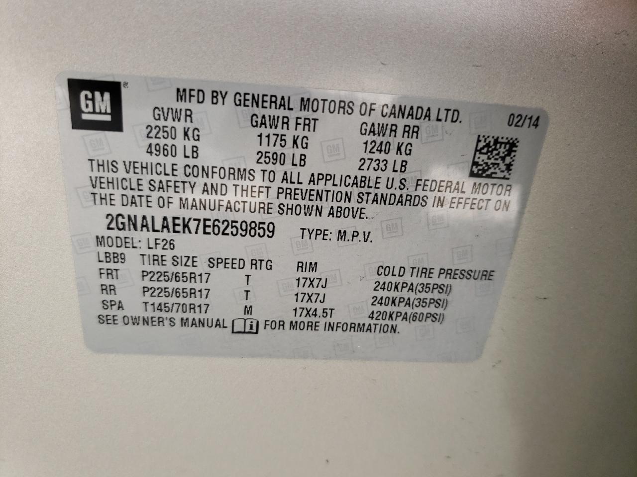 Photo 10 from auction – 2014 CHEVROLET EQUINOX LS with VIN 2GNALAEK7E6259859