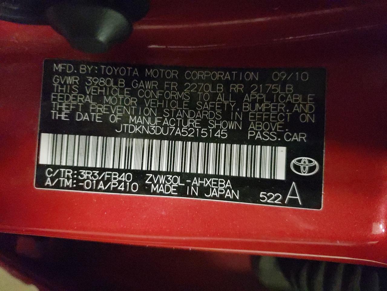 Photo 10 from auction – 2010 TOYOTA PRIUS with VIN JTDKN3DU7A5215145