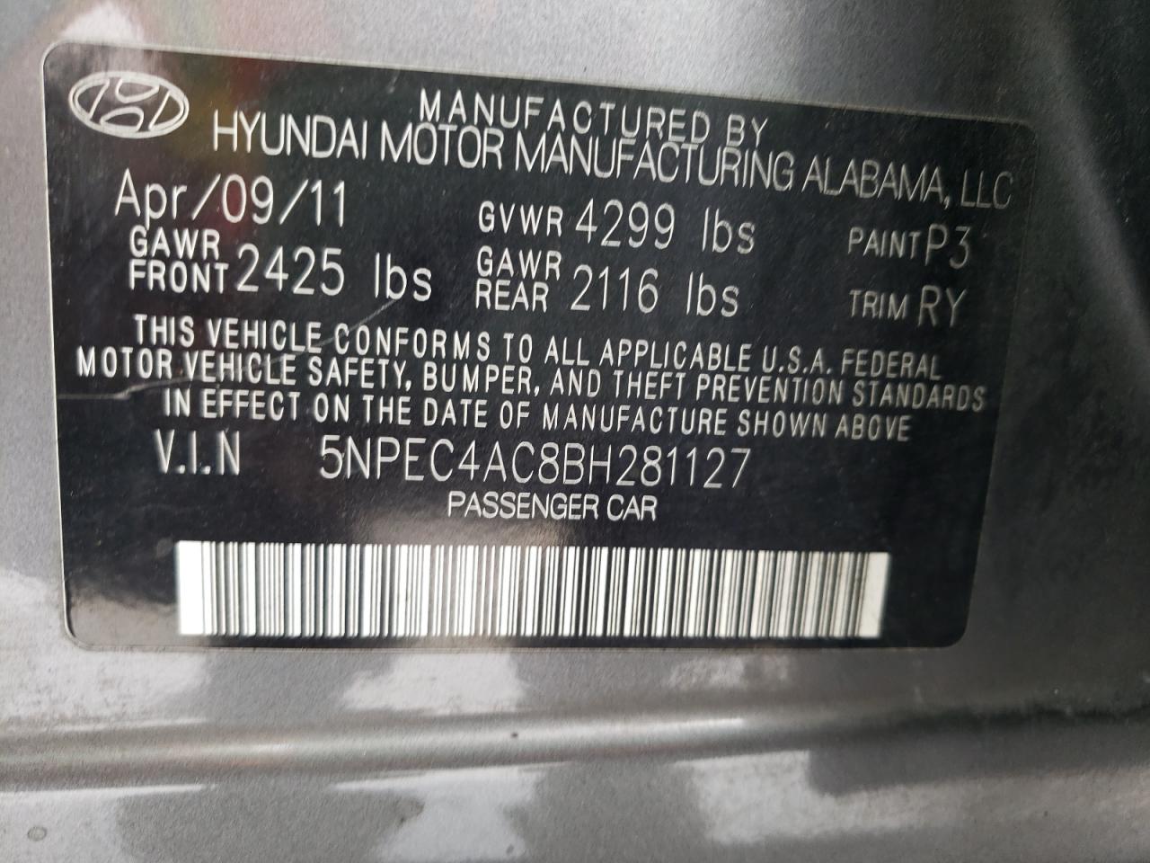 Photo 10 from auction – 2011 HYUNDAI SONATA SE with VIN 5NPEC4AC8BH281127
