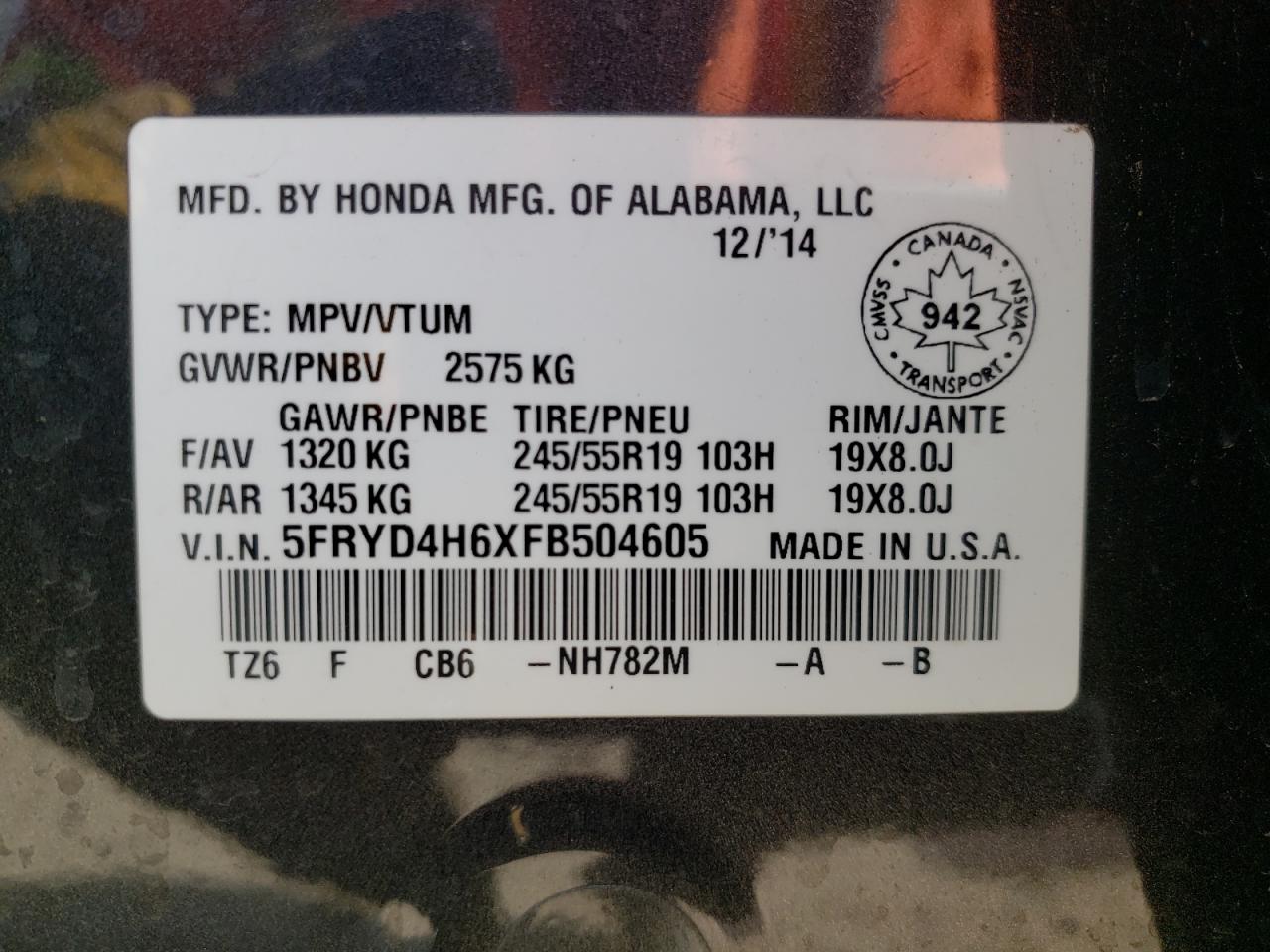 Photo 10 from auction – 2015 ACURA MDX TECHNO with VIN 5FRYD4H6XFB504605