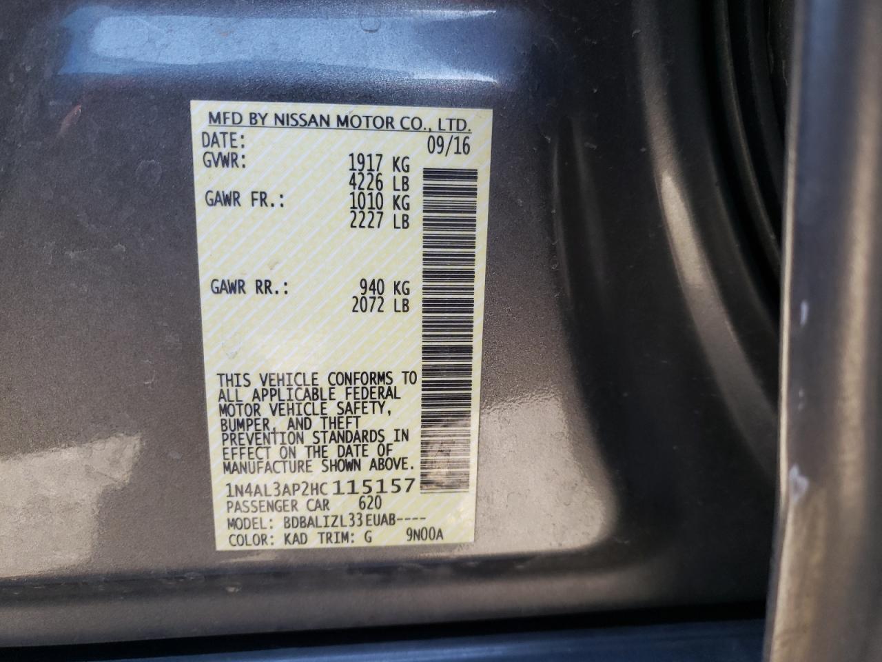 Photo 10 from auction – 2017 NISSAN ALTIMA 2.5 with VIN 1N4AL3AP2HC115157