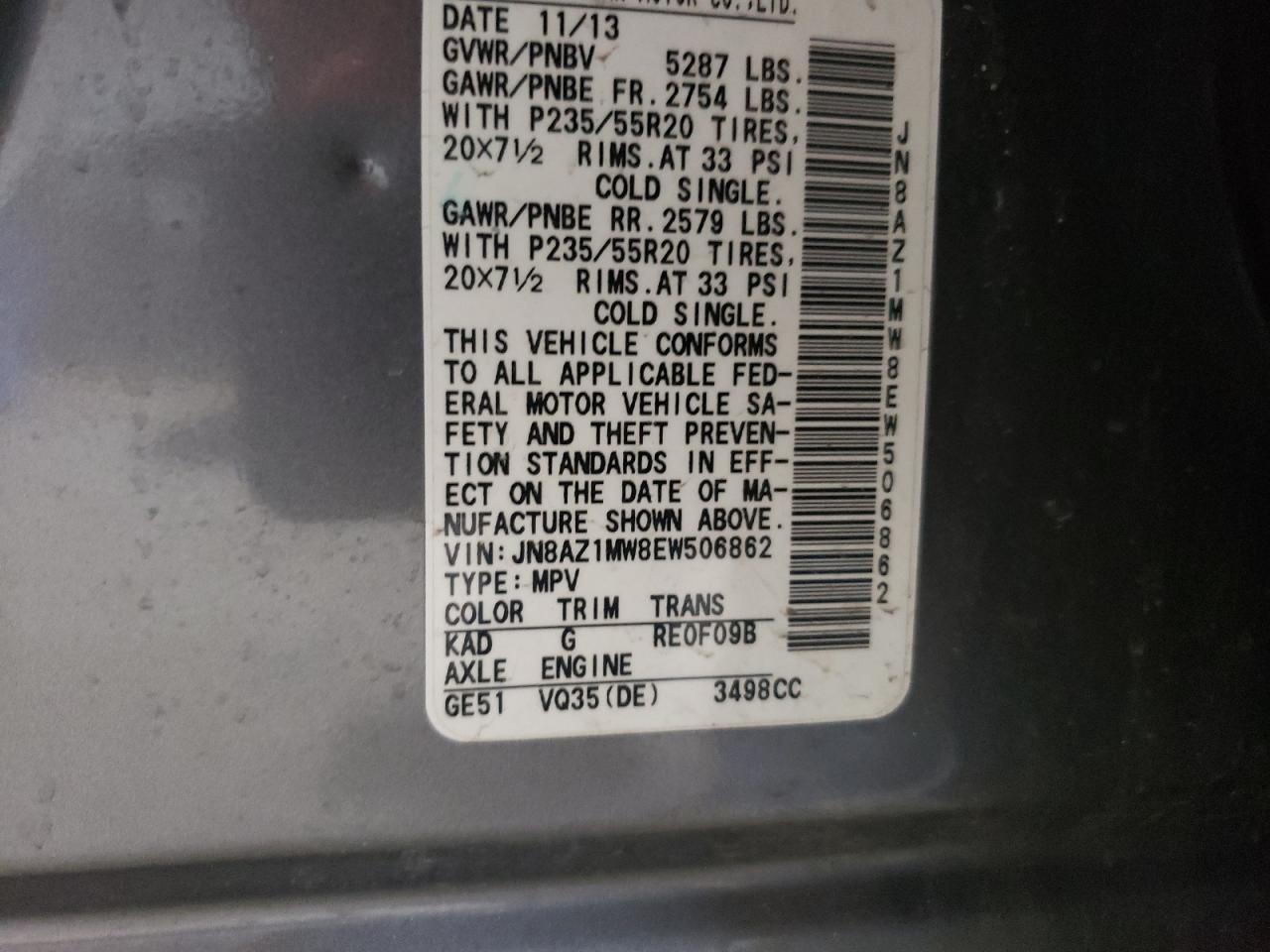 Photo 10 from auction – 2014 NISSAN MURANO with VIN JN8AZ1MW8EW506862