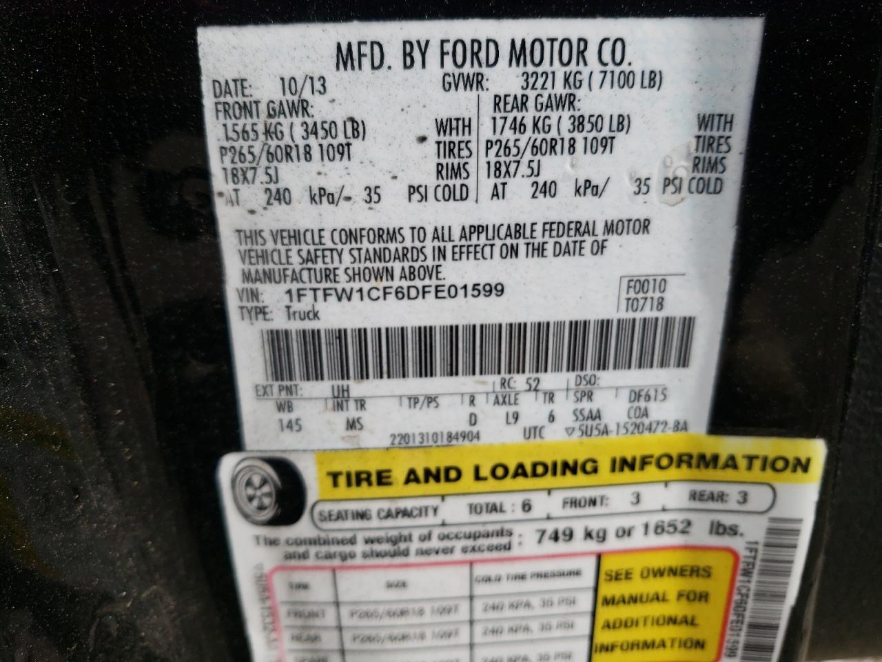 Photo 10 from auction – 2013 FORD F150 SUPER with VIN 1FTFW1CF6DFE01599