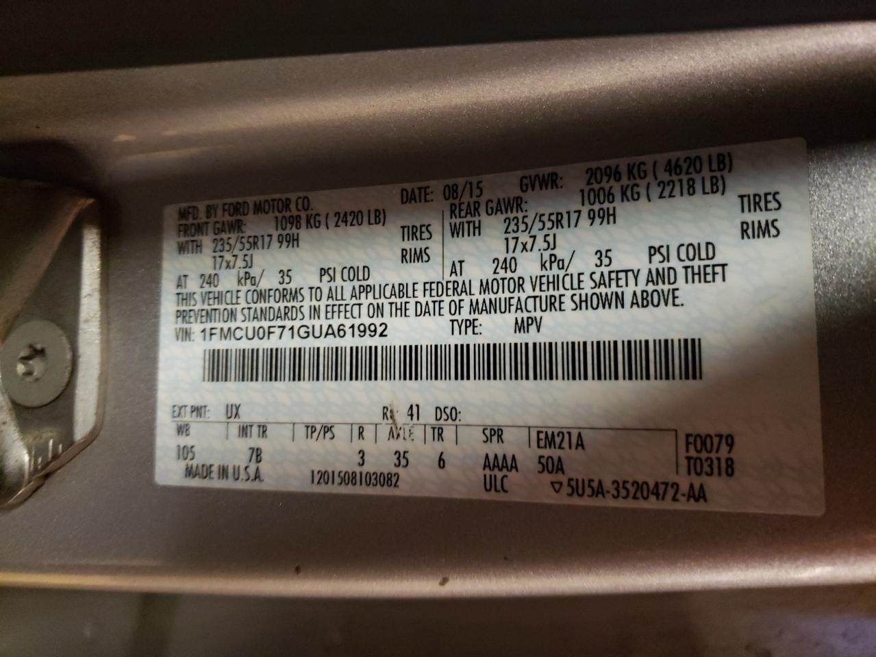 Photo 10 from auction – 2016 FORD ESCAPE S with VIN 1FMCU0F71GUA61992