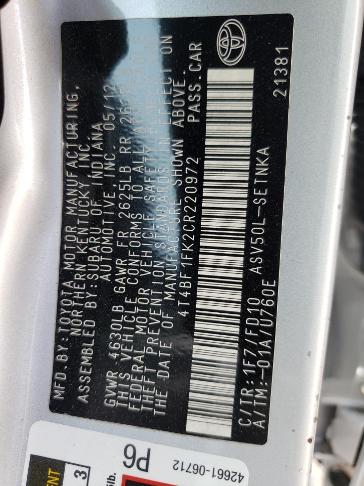 Фото 10 с аукциона – 2012 TOYOTA CAMRY BASE с VIN 4T4BF1FK2CR220972