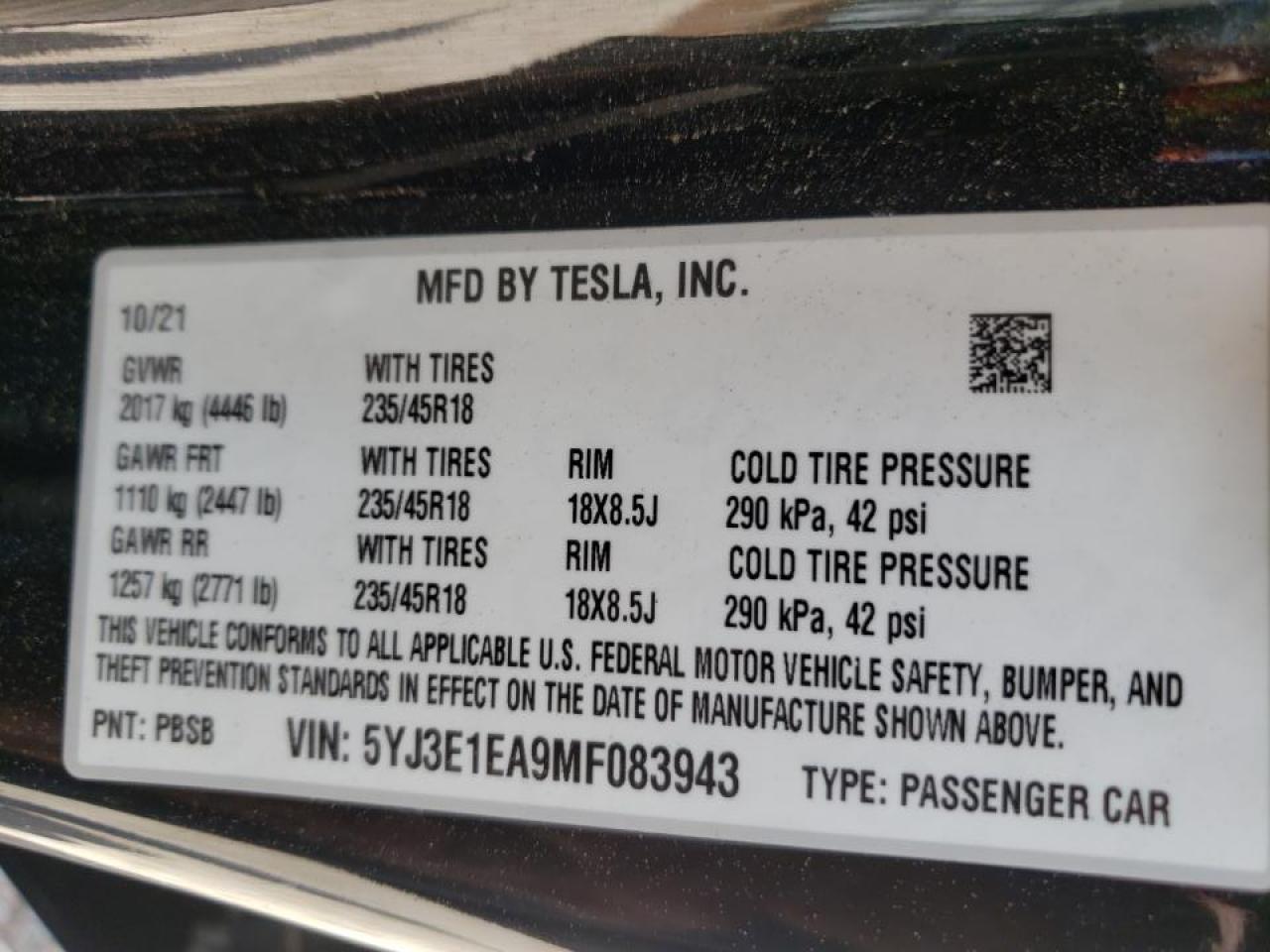Photo 10 from auction – 2021 TESLA MODEL 3 with VIN 5YJ3E1EA9MF083943