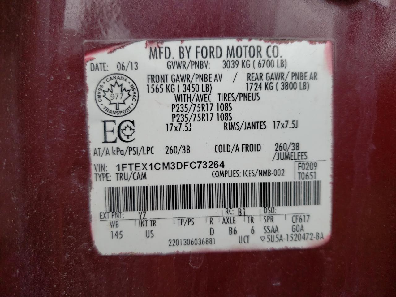 Photo 10 from auction – 2013 FORD F150 SUPER with VIN 1FTEX1CM3DFC73264